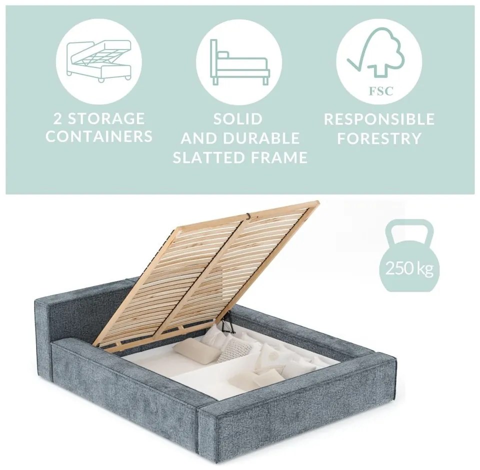 Pat matrimonial portocaliu tapițat cu spațiu de depozitare cu somieră 140x200 cm Voliera – Maison de Rêve