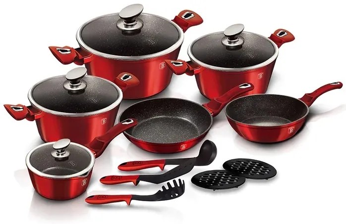 RESIGILAT - Set oale si tigai marmorate, antiaderente, cu capace si ustensile, Burgundy Metalic Line Berlinger Haus BH 1226N