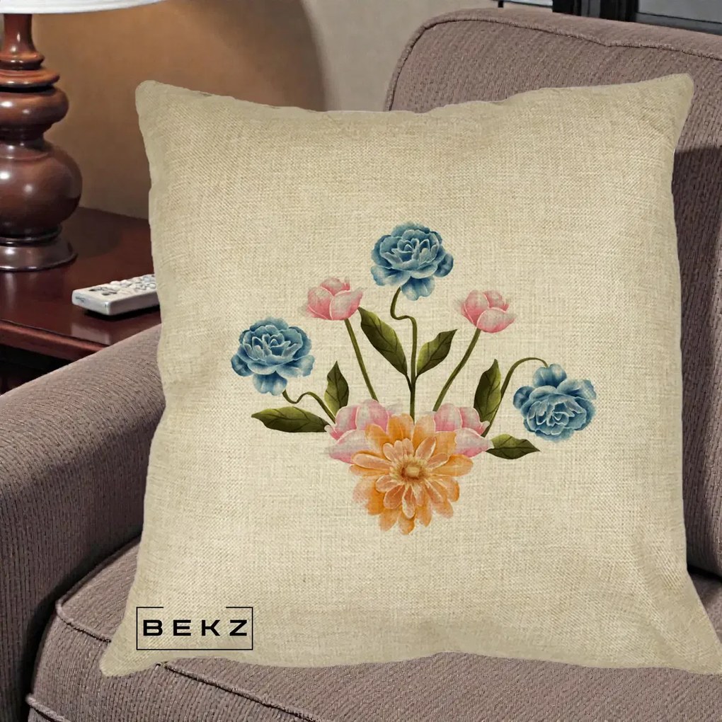 Perna Decorativa Buchet Primavara Acuarela, 40x40 cm, Crem, Husa Detasabila, Perna Inclusa, BEKZ®