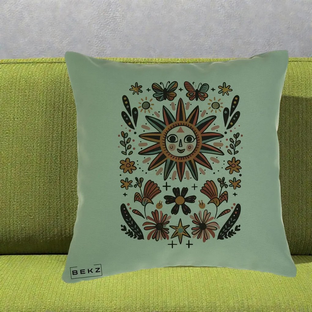 Perna Decorativa Soare Boho Folk Fluturi, 40x40 cm, Verde, Husa Detasabila, Perna Inclusa, BEKZ®