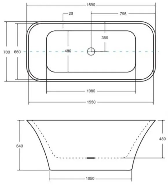 Cada baie freestanding dreptunghiulara, compozit, alba, 160 x 70 cm, Besco Assos Alb