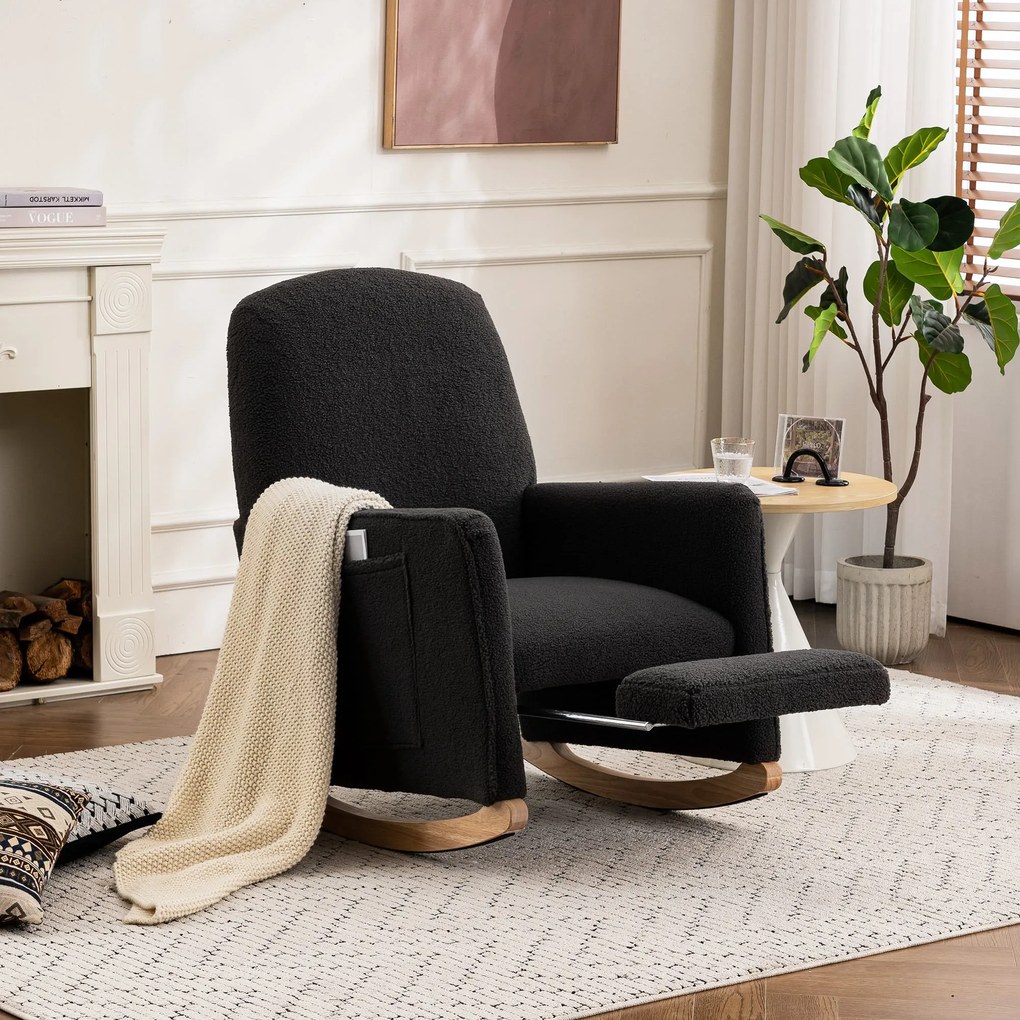 Scaun balansoar cu taburet, fotoliu de relaxare cu spătar înalt, material Teddy, 67x96-127x96 cm, Gri închis