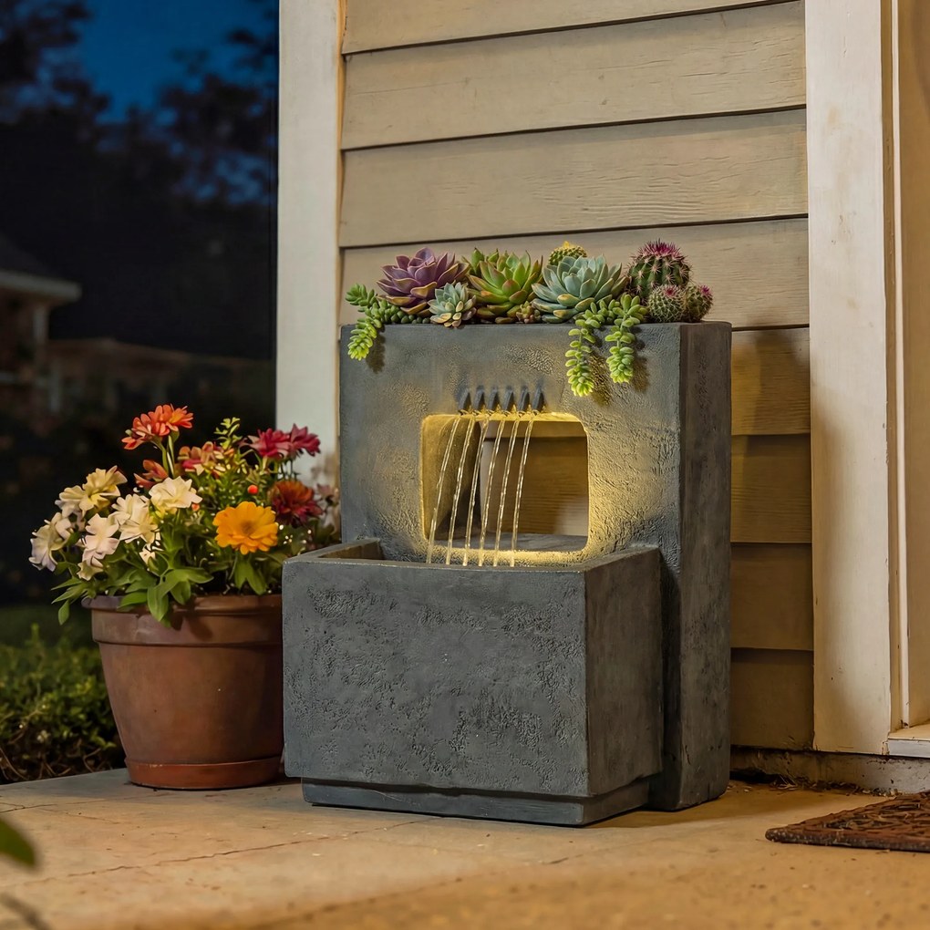 Outsunny Fântână arteziană în 2 trepte, fântână de grădină cu iluminare LED, ghiveci pentru plante, pompă, aspect piatră, reglabil 45 x 31,5 x 58,5 cm | Aosom Romania