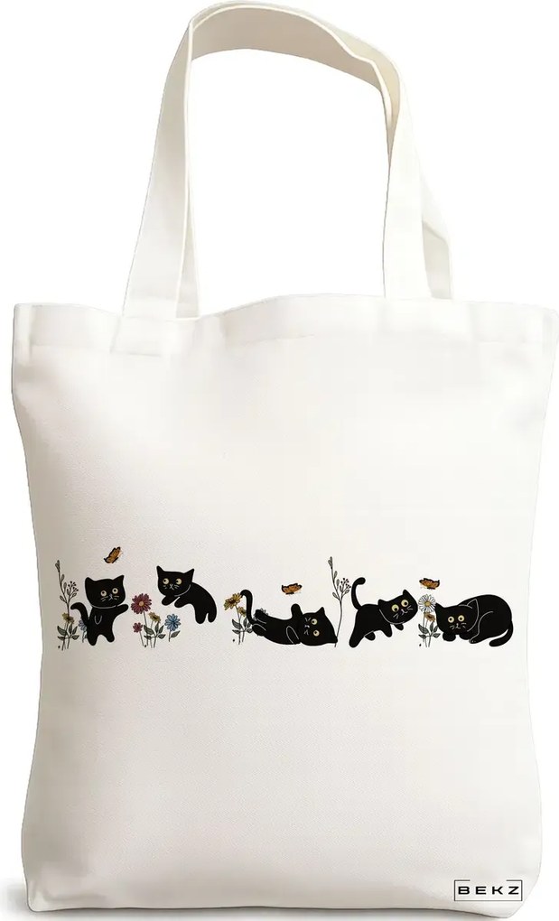 Sacosa de Panza pentru Cumparaturi, Geanta Tote, model Cat and Flowers 13, 38 x 34.5 cm, Alba, BEKZ®