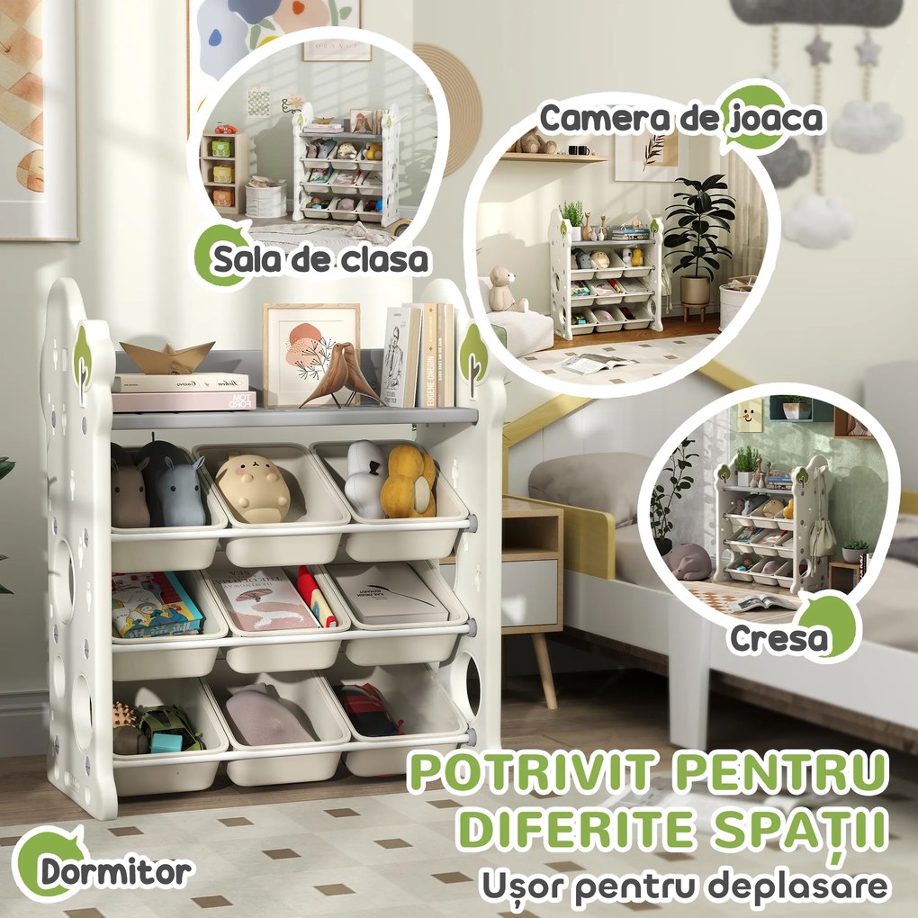AIYAPLAY Etajeră pentru Copii, Organizator de Depozitare Jucării cu 4 Niveluri și 9 Coșuri, 77x42x94 cm, Crem Alb | Aosom Romania