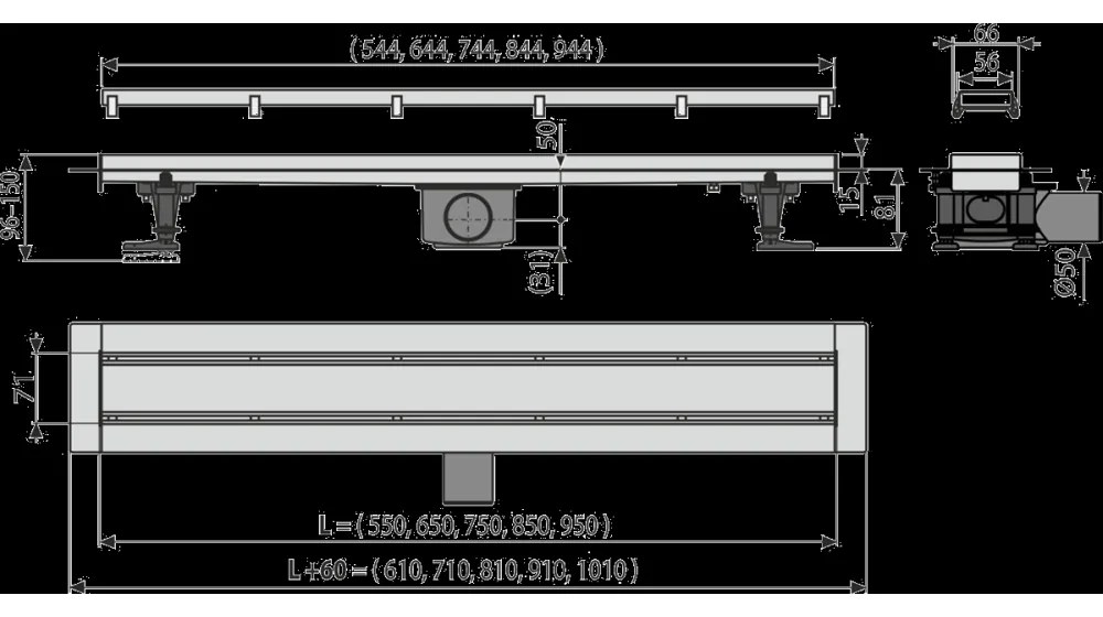 Rigola dus faiantabila cu capac doua fete si sifon iesire laterala 550 mm Alcadrain APZ13-DOUBLE9-550 550 mm