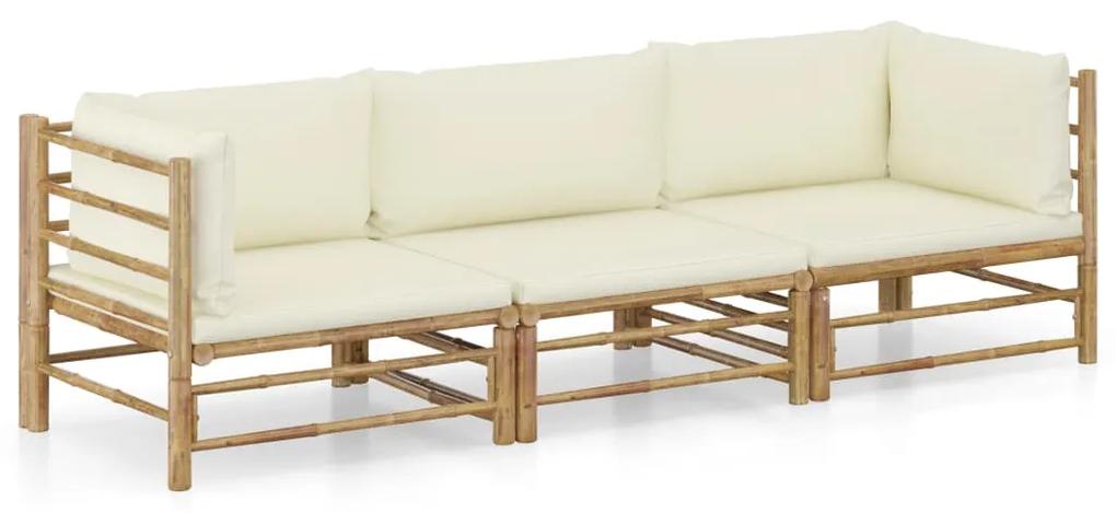 3058203 vidaXL Set mobilier de grădină, cu perne alb crem, 3 piese, bambus