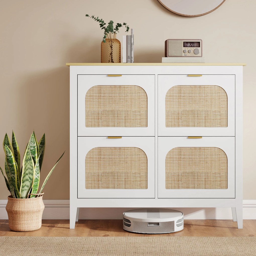 HOMCOM Zapatero Estrecho con 4 Puertas de Ratán Estantes Ajustables para 20 Pares de Zapatos 105x24x95,5 cm Alb | Aosom Romania