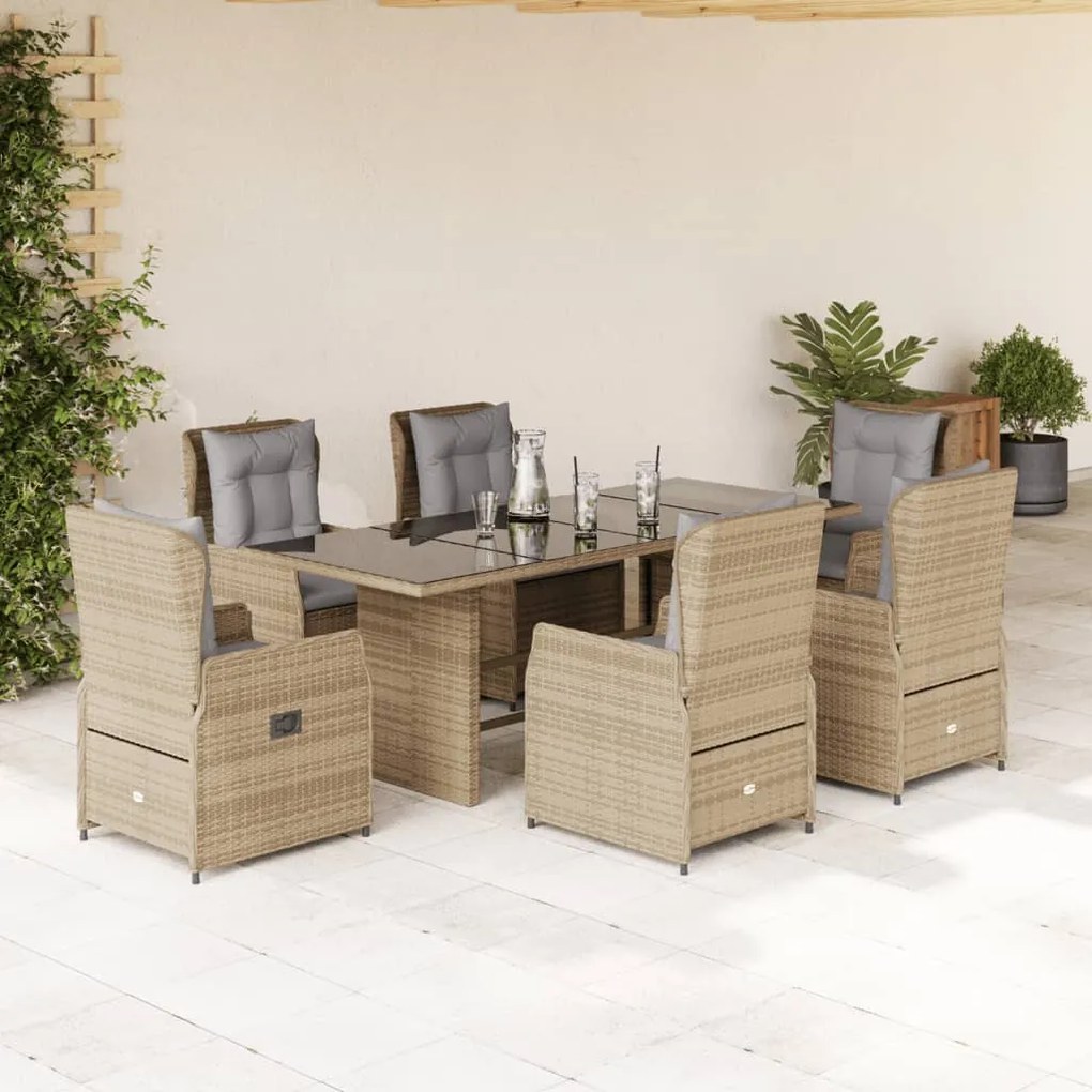 vidaXL Set de masă pentru grădină, 7 piese, cu perne, bej, poliratan
