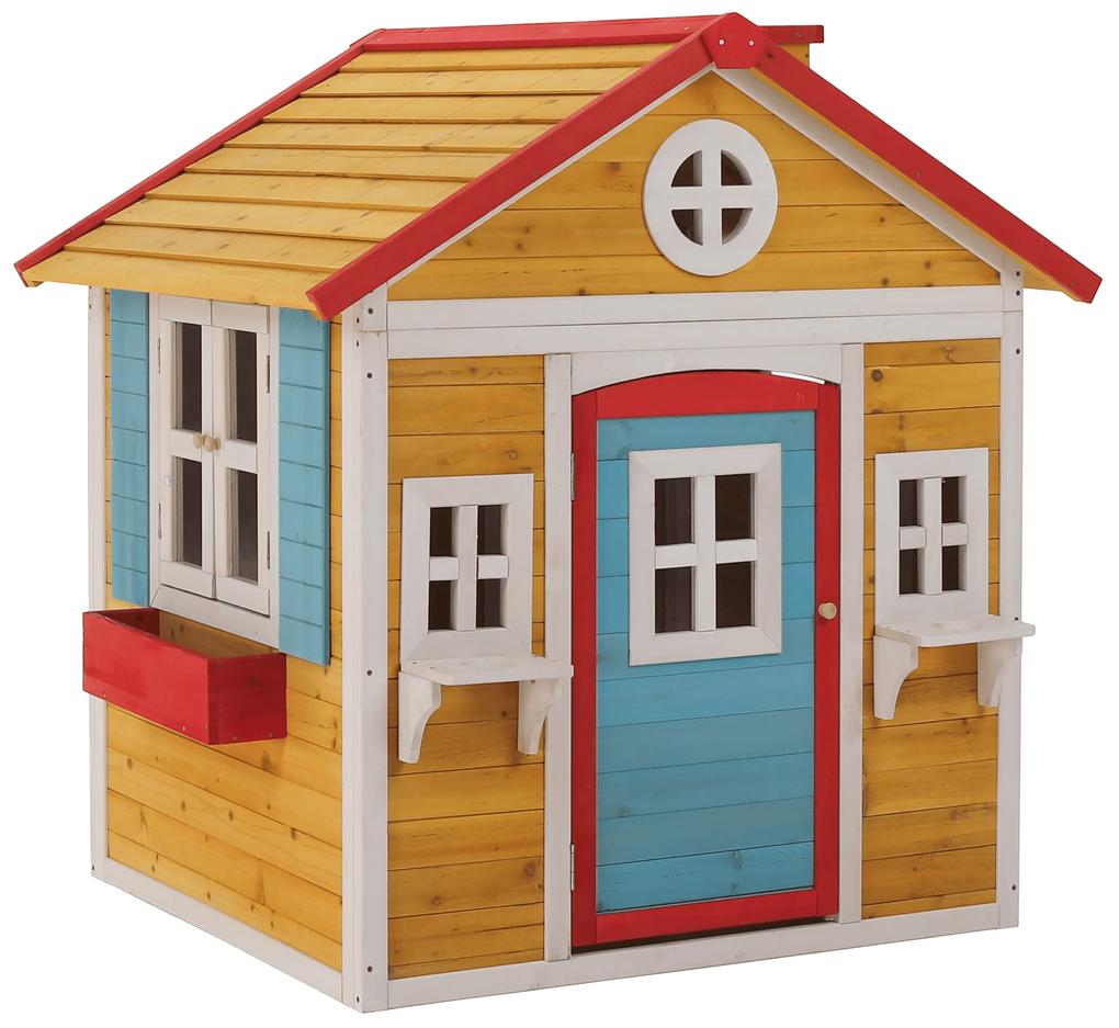 Căsuţă de grădină din lemn pentru copii natural / alb / albastru / roşu, AVILO