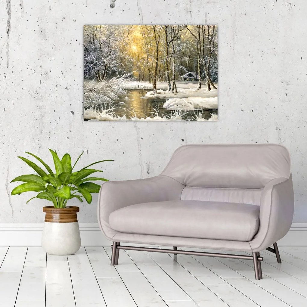 Tablou - Cabană în pădure, pictură în uei (70x50 cm)