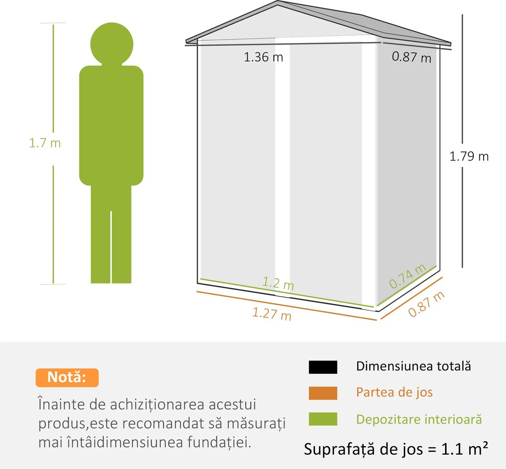 Outsunny Magazie de Grădină 1,1m² din Oțel Galvanizat, Magazie de Grădină cu Ușă Glisantă Blocabilă, Acoperiș Înclinat, Mănuși, Magazie pentru Unelte, 136x87x179 cm, Gri Închis | Aosom Romania