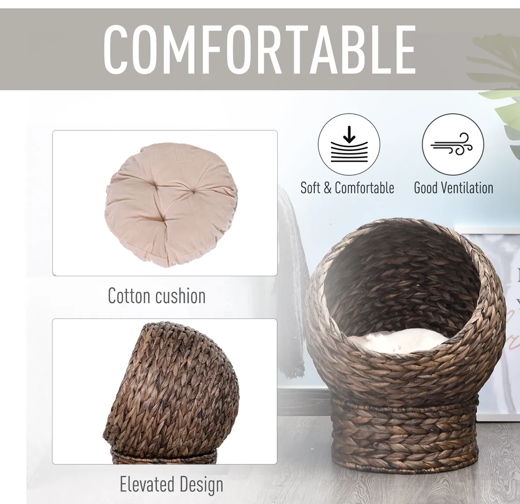 PawHut Cusca Ridicată pentru Pisici cu Pernă Materiale Naturale 42x33x52cm | Aosom Romania