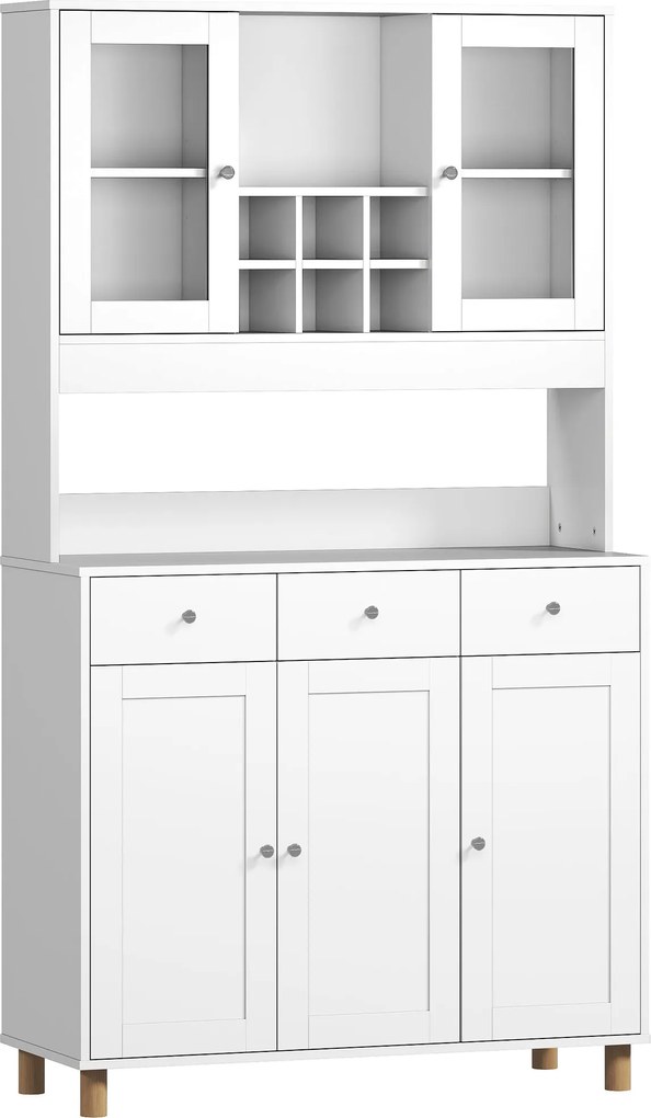 HOMCOM Dulap de bucătărie 180 cm, 2 uși din sticlă, 3 sertare, 4 rafturi reglabile, dulap pentru sufragerie, Spanplatte, Weiß | Aosom Romania