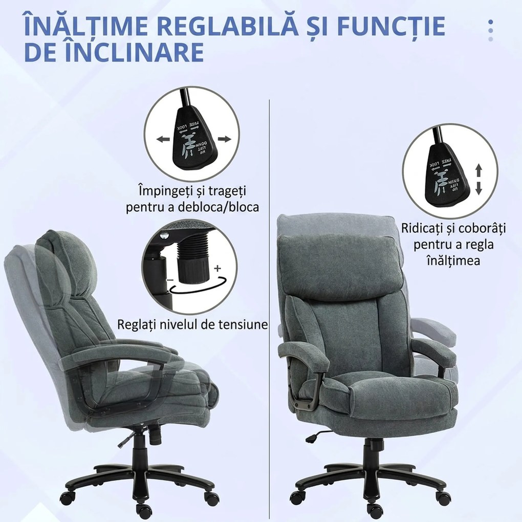HOMCOM Scaun de Birou cu Spătar Înalt și Înălțime Reglabilă, 68,5x79x117-125 cm, Gri | Aosom Romania