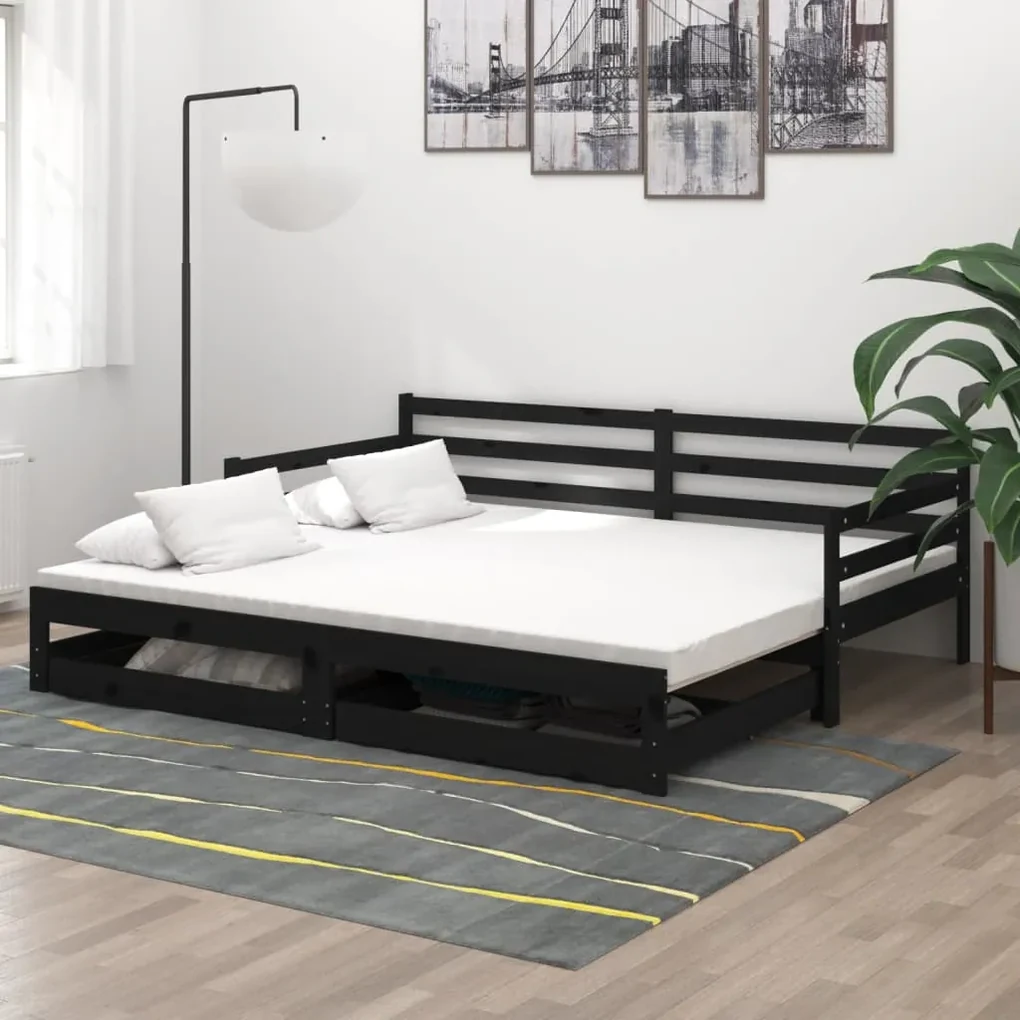 3083703 vidaXL Pat extensibil de zi, 2x(90x200) cm, negru, lemn masiv de pin