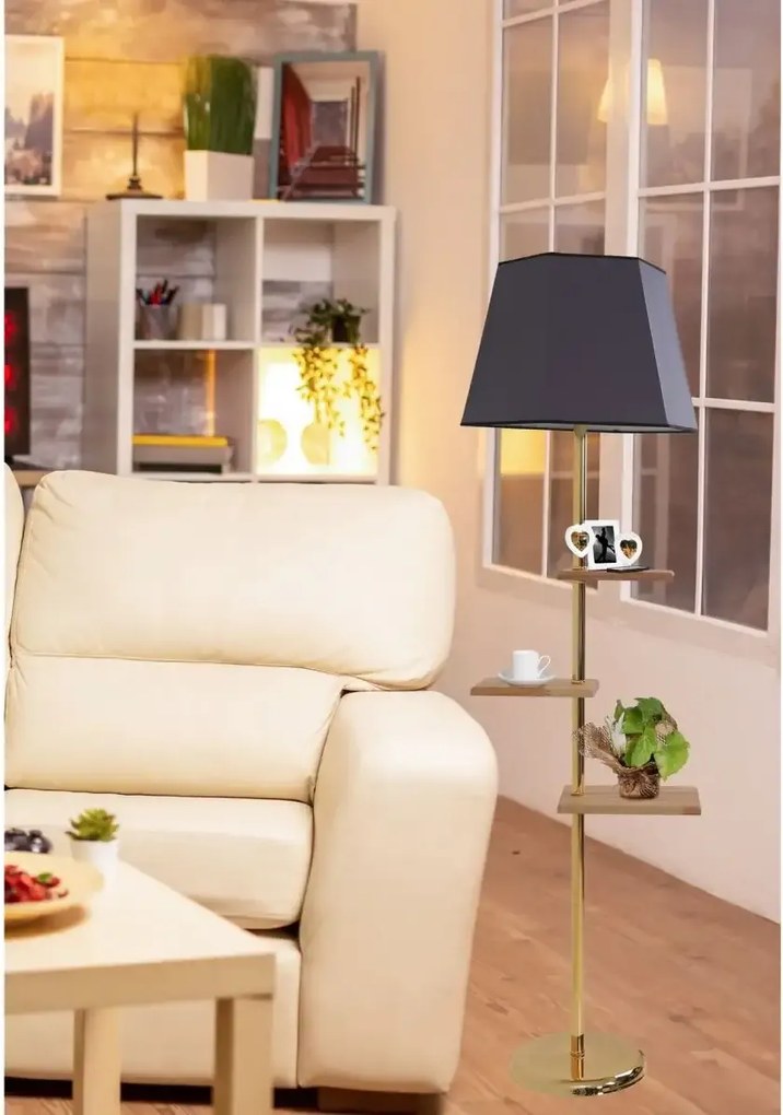 Lampadar cu 3 masute lemn corp metal ,auriu-gri Homs, 170 cm,40031