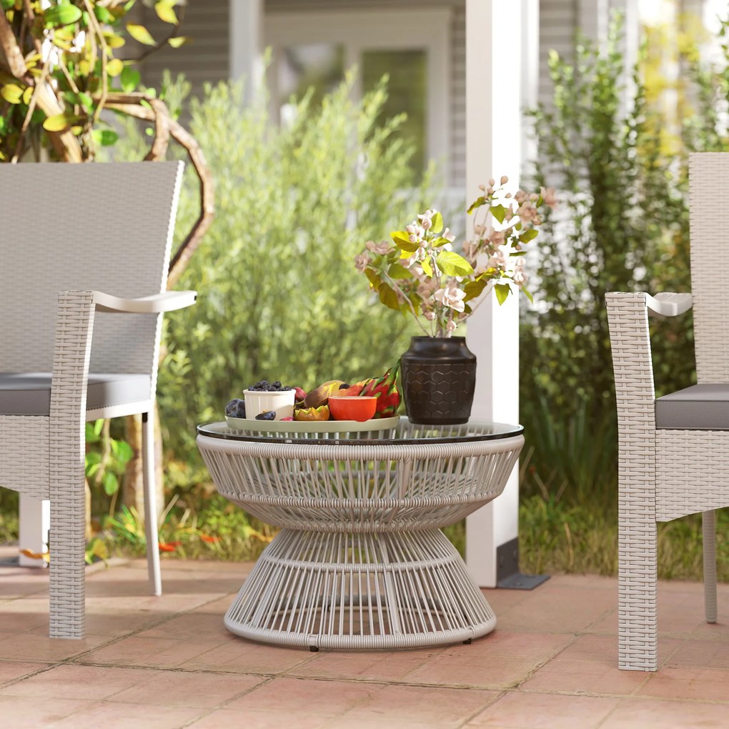 Outsunny Masă de cafea de grădină rotundă, masă auxiliară din rattan și blat de sticlă temperată Ø 60 x 37H cm | Aosom Romania