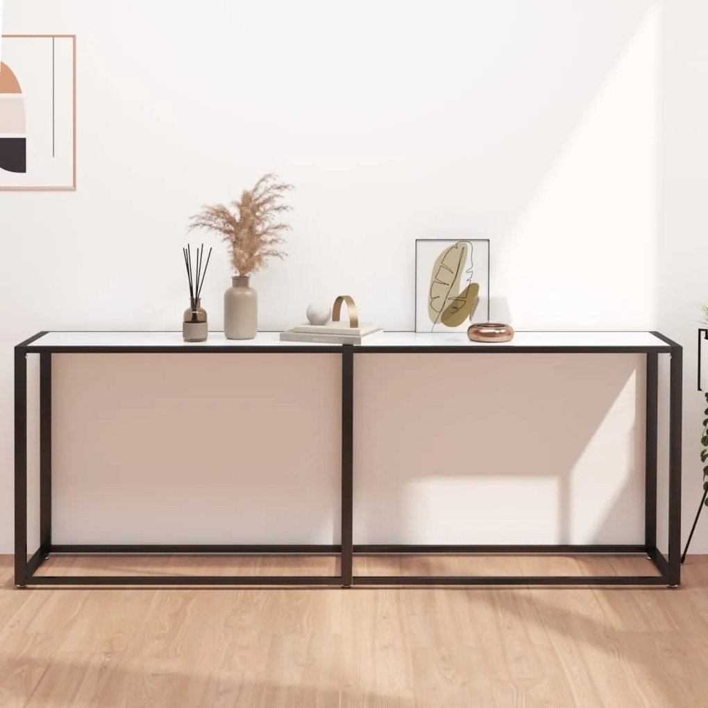 331688 vidaXL Masă consolă, alb marmură, 200x35x75,5 cm, sticlă securizată