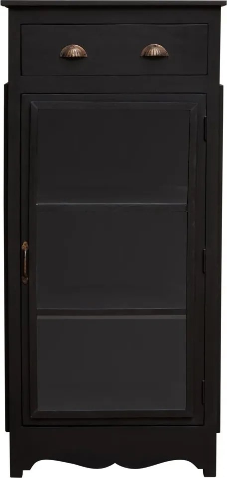 Vitrină mică din lemn masiv de mango, negru, cu 1 ușă vitrată, 2 rafturi, 1 sertar și laterale din sticlă, finisaj mat, 140 x 64 x 64 cm, „Majara”