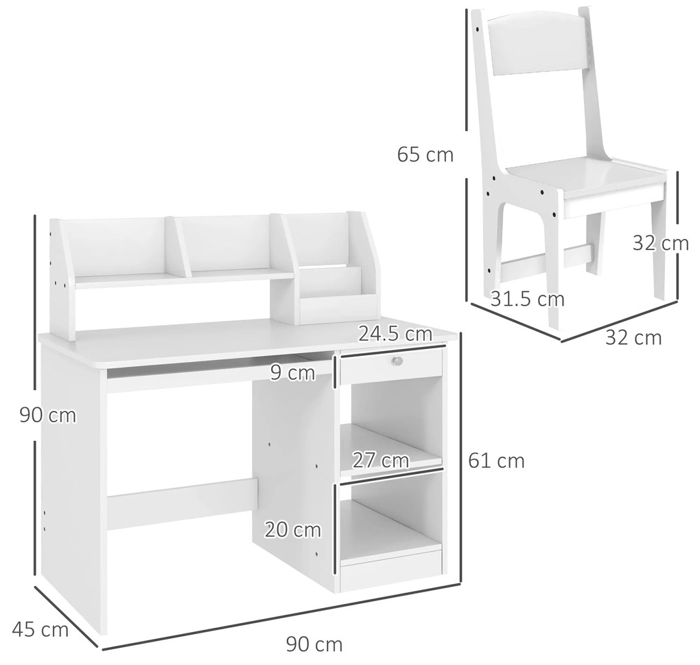 Masa de birou pentru copii ZONEKIZ cu scaun, birou de scoală pentru 5-8 ani din lemn cu poliță și scaun, alb ZONEKIZ | Aosom Romania