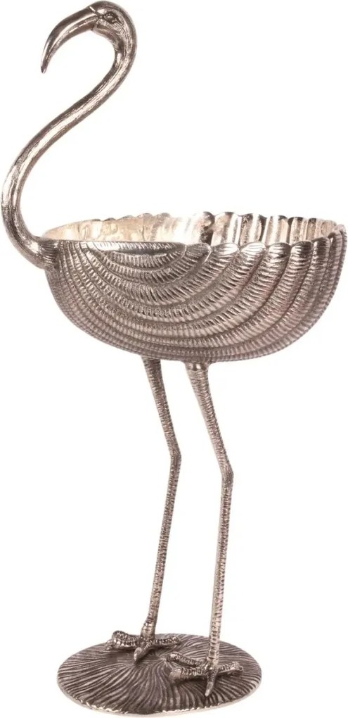 Bol decorativ din aluminiu reciclat, argintiu, fructieră înaltă în formă de flamingo, statuetă decorativă pe picior, finisaj lucios, 76 x 38 x 28 cm,