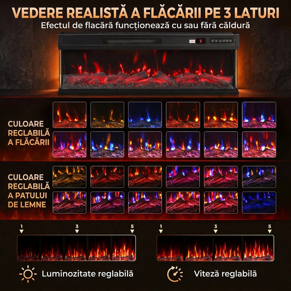 HOMCOM Șemineu Electric de Podea/Încastrabil, 3 Laturi, cu Telecomandă, 750/1500W, Efect Flacără 3D 12 Culori, 5 Niveluri de Luminozitate | Aosom Romania