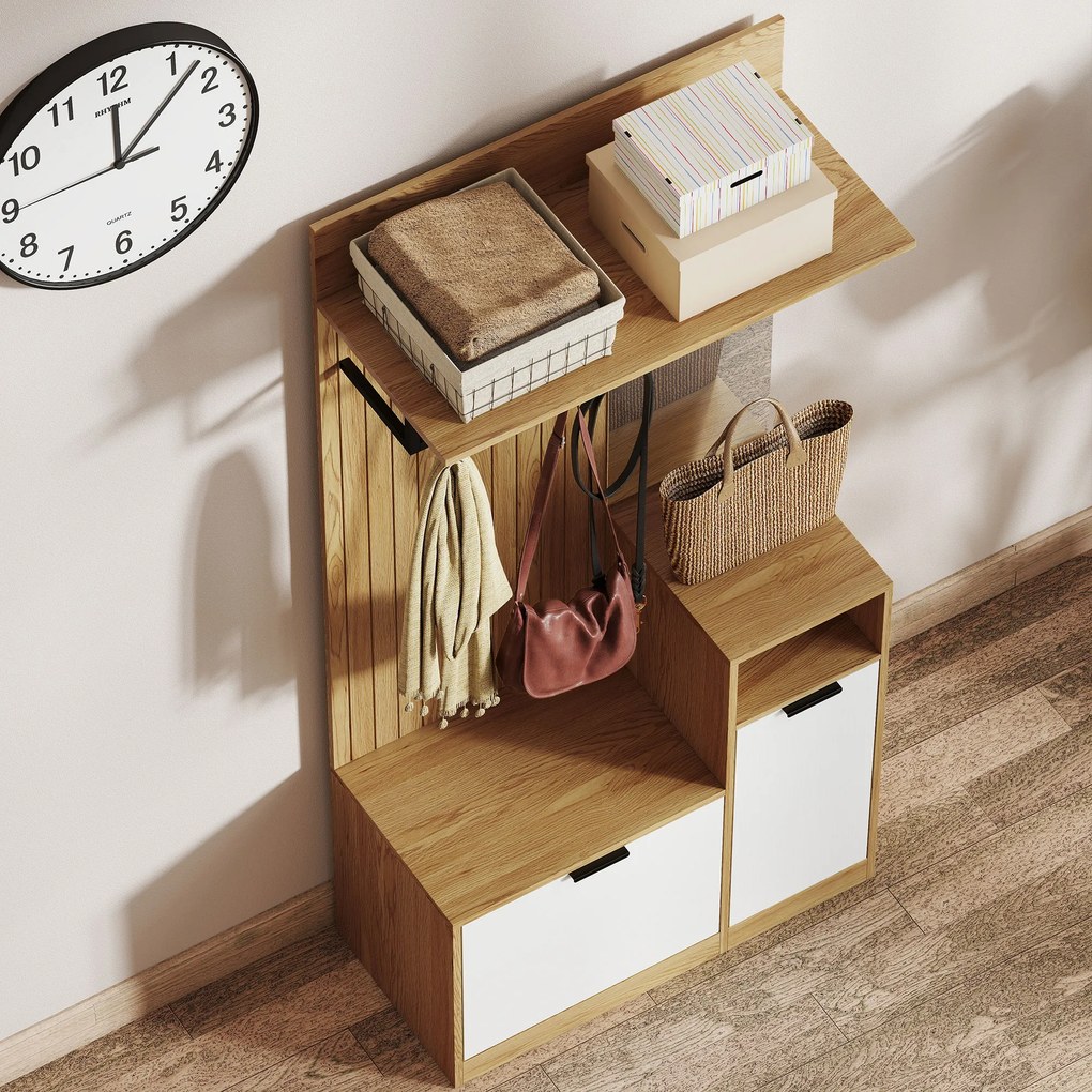 HOMCOM Cuier de Hol cu Bară, 4 Cârlige, Bancă și Spațiu pentru Încălțăminte, Dulap din MDF și Metal, Picioare din Lemn de Cauciuc, Stejar și Alb | Aosom Romania