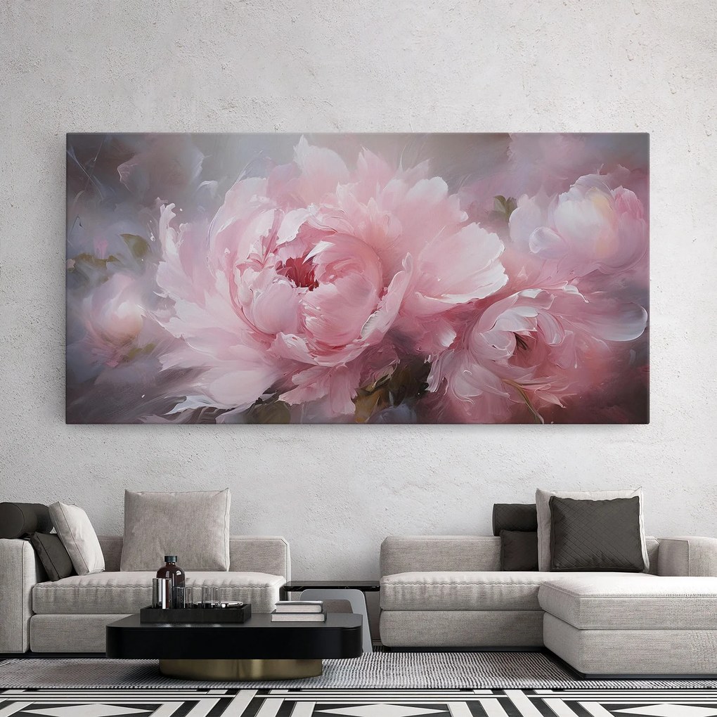 Tablou Canvas, 80x160cm, Dormitor si Living, Flori, Bujori, Dreamy Painting Peony