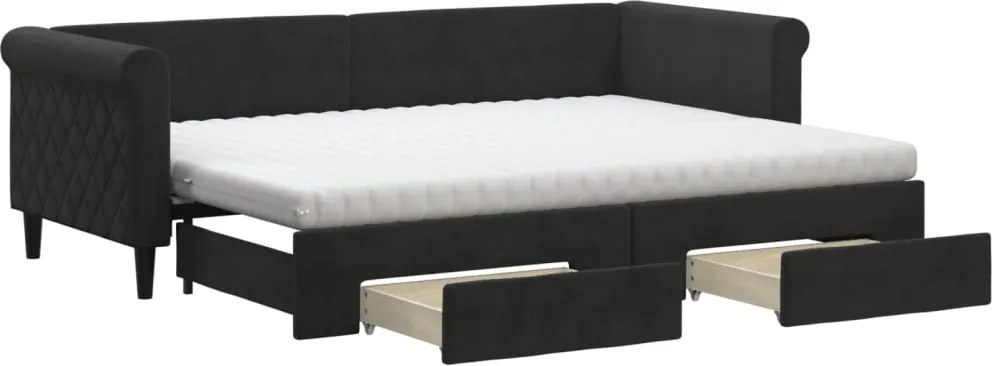 vidaXL Pat de zi cu extensie și sertare, negru, 80x200 cm, catifea