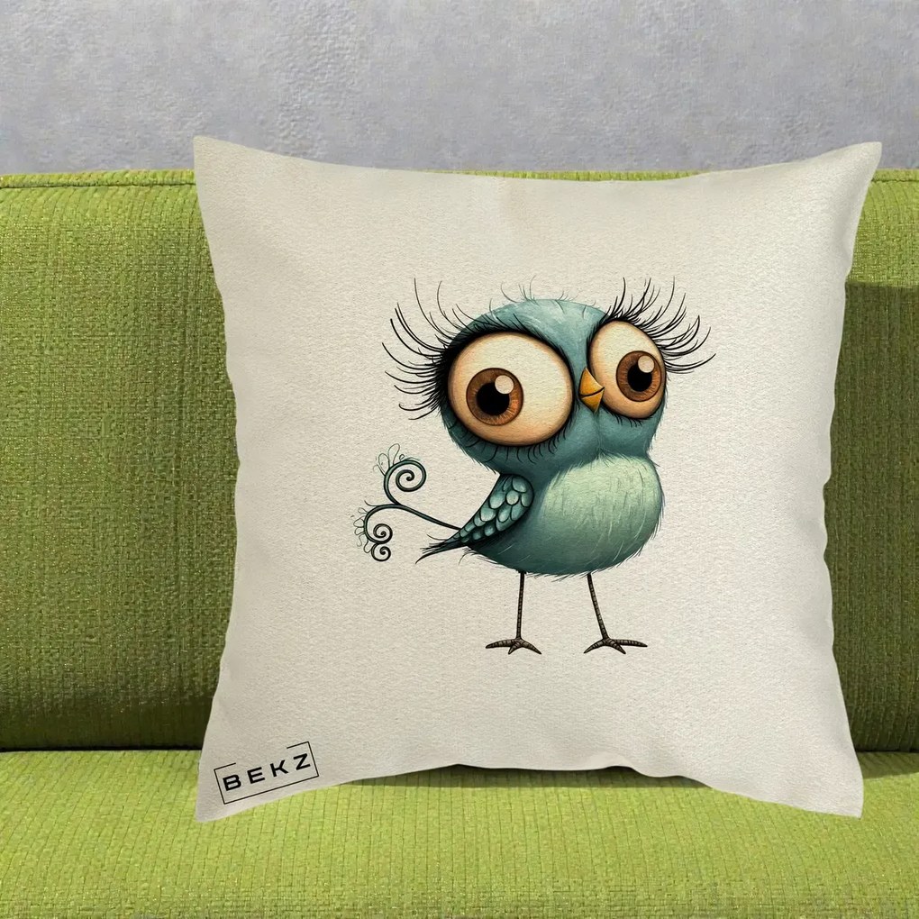 Perna Decorativa Pasare Teal cu Gene si Coada Spiralata, 40x40 cm, Ecru, Husa Detasabila, Perna Inclusa, BEKZ®