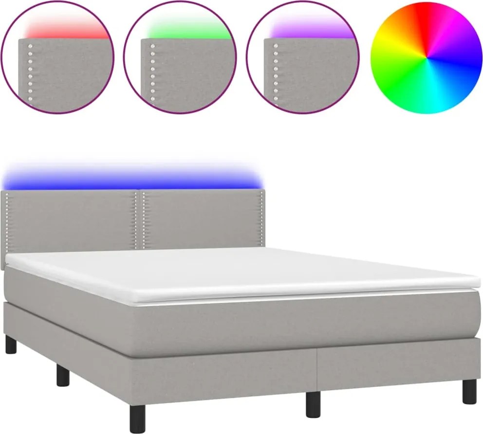 vidaXL Pat cu arcuri, saltea și LED, gri deschis, 140x200 cm, textil