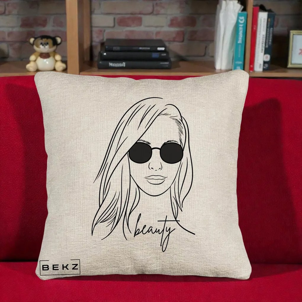 Perna Decorativa Beauty Girl Line Art, 40x40 cm, Bej Canapea, Husa Detasabila, Perna Inclusa, BEKZ®