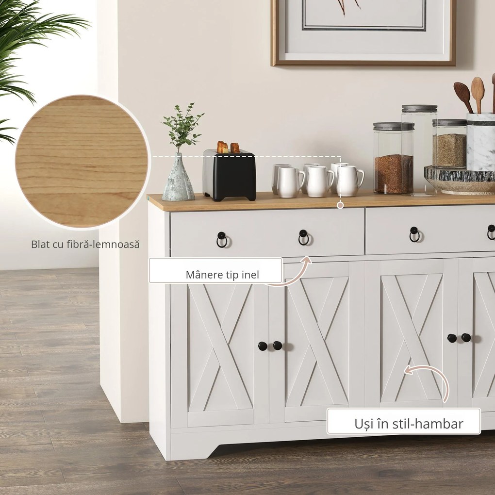 HOMCOM Bufet mobilier de depozitare dulap de bucătărie stil rustic 2 sertare și 2 dulapuri rafturi la înălțimi reglabile alb | Aosom Romania