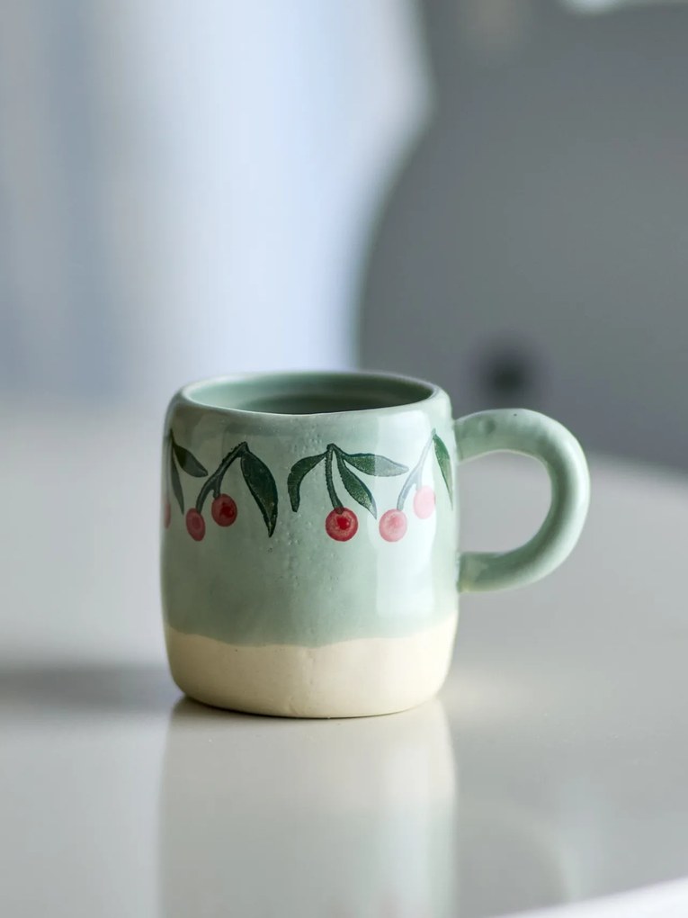Cană din ceramică artizanală, natur, pictată manual cu cireșe, 6x7 cm, 110 ml, „Millie"