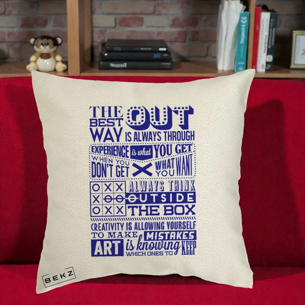 Perna Decorativa Citate Creativitate Albastru, 40x40 cm, Ecru, Husa Detasabila, Perna Inclusa, BEKZ®