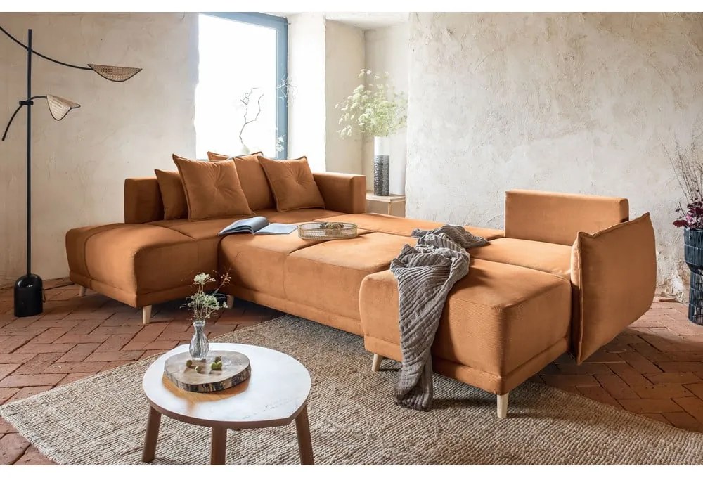 Colțar cărămiziu extensibil cu tapițerie din catifea reiată (colț stânga/în formă de "U") Lazy Lukka – Miuform