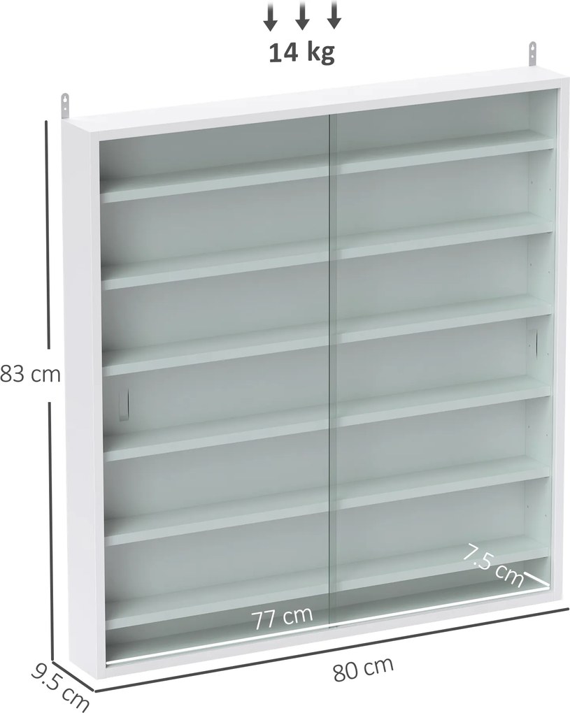 HOMCOM Vitrină de perete din lemn cu polițe reglabile și 2 uși glisante din sticlă 80x9,5x83 cm Alb | Aosom Romania