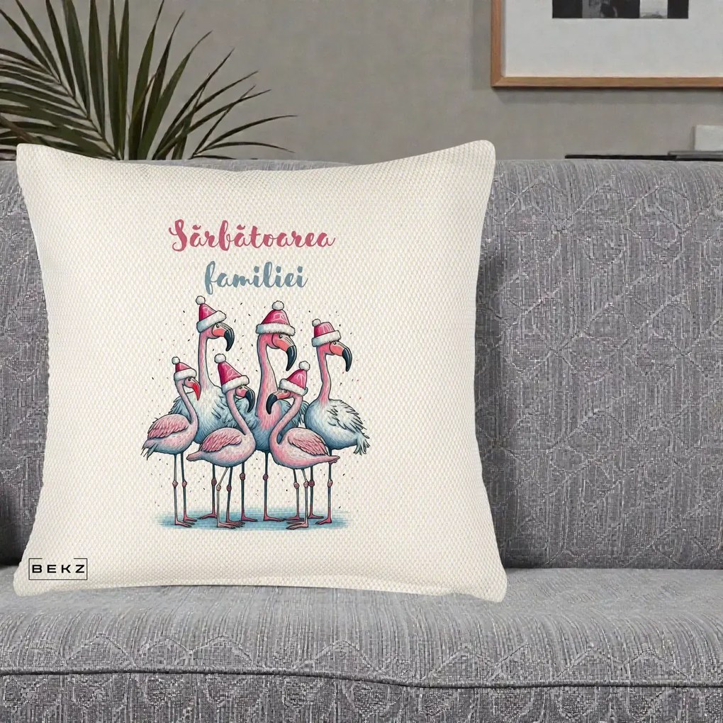Perna Decorativa Flamingo Craciun Sarbatoarea Familiei, 40x40 cm, Crem Reliefat, Husa Detasabila, Perna Inclusa, BEKZ®
