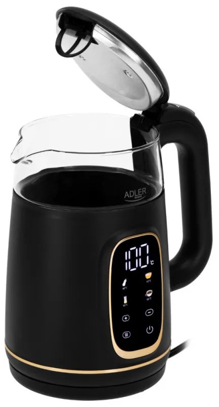 Cana electrica Adler AD 1305, 1850/2200 W, 1,7 l, Control tactil, Afisaj LCD color, 5 setari temperatura 40-100°C, Filtru antidecantare, Negru/galben