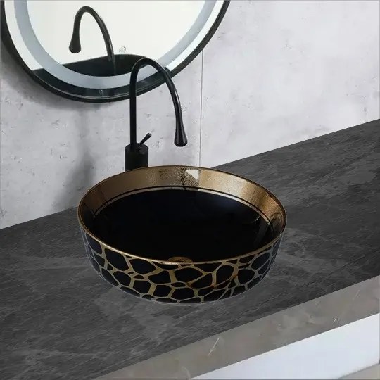 Lavoar Ceramic Premium Rotund Gold–Negru 41.5×41.5×13.5CM – Model G516