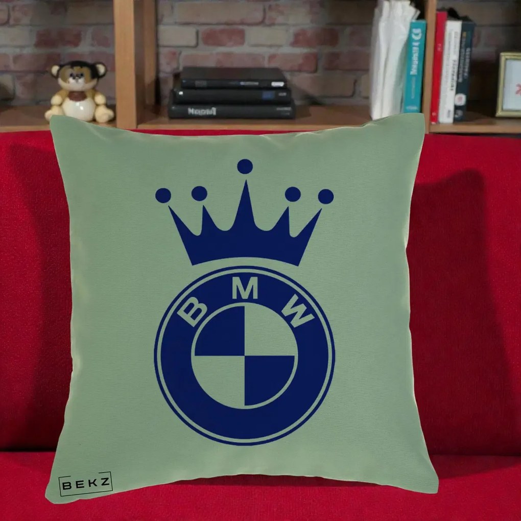 Perna Personalizata cu emblema BMW si Coroana, 40x40 cm, Verde, Husa Detasabila, Perna Inclusa, BEKZ®