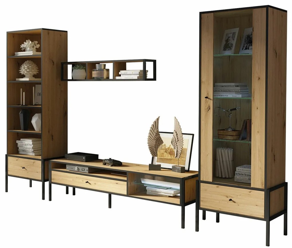 Mobilă pentru sufragerie Toledo H110Stejar Artisan, Negru, Părți separate, Cu comodă tv, Cu componente suplimentare, Sticlă călită, PAL laminat, 180x264x40cm, 109 kg