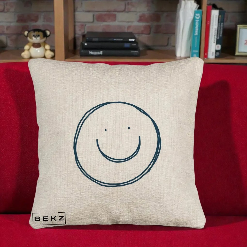 Perna Decorativa Smile Desen Minimalist, 40x40 cm, Bej Canapea, Husa Detasabila, Perna Inclusa, BEKZ®