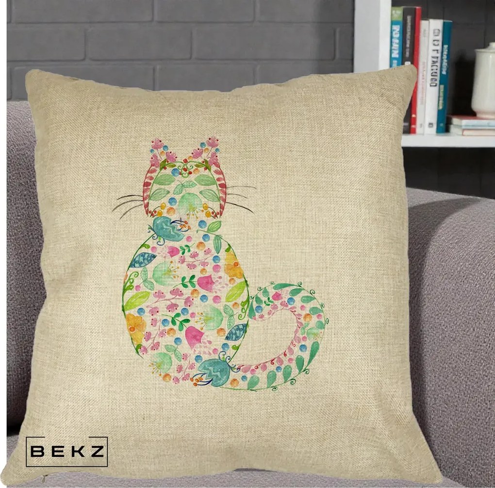 Perna Decorativa Pisica Florala Acuarela, 40x40 cm, Crem, Husa Detasabila, Perna Inclusa, BEKZ®