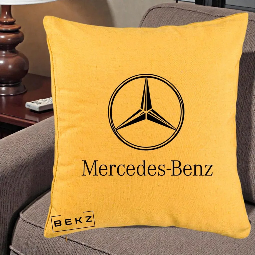 Perna Personalizata cu emblema Mercedes-Benz, 40x40 cm, Galben, Husa Detasabila, Perna Inclusa, BEKZ®