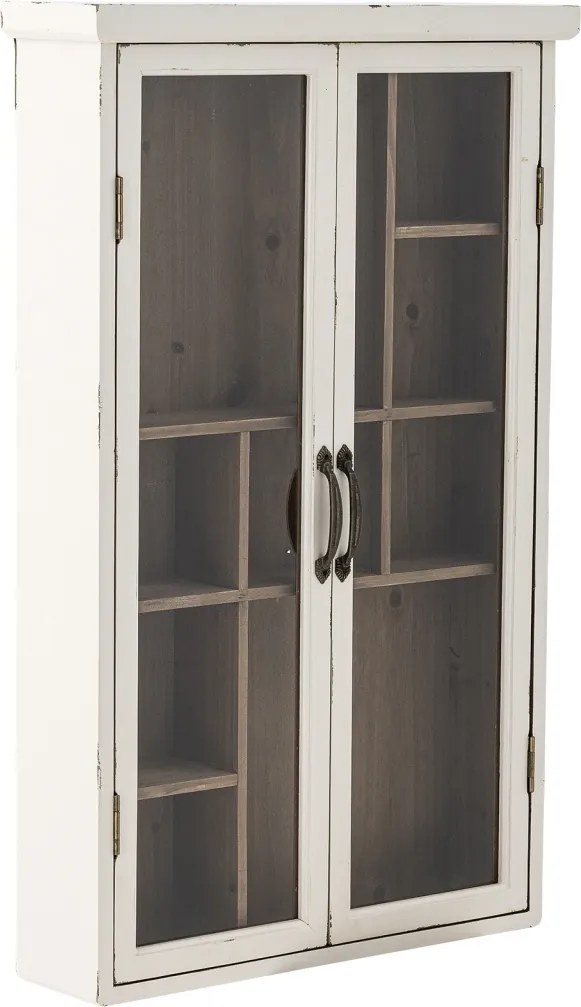 Dulap de perete din lemn masiv alb, cu 2 uși cu vitrină din sticlă și rafturi interioare, „Hazem", 50 x 14 x 80 cm