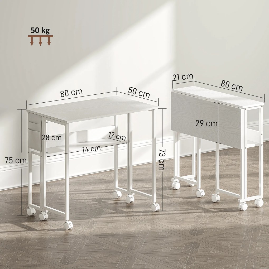 HOMCOM Birou pliabil 80cm, raft, roți, alb | Aosom Romania