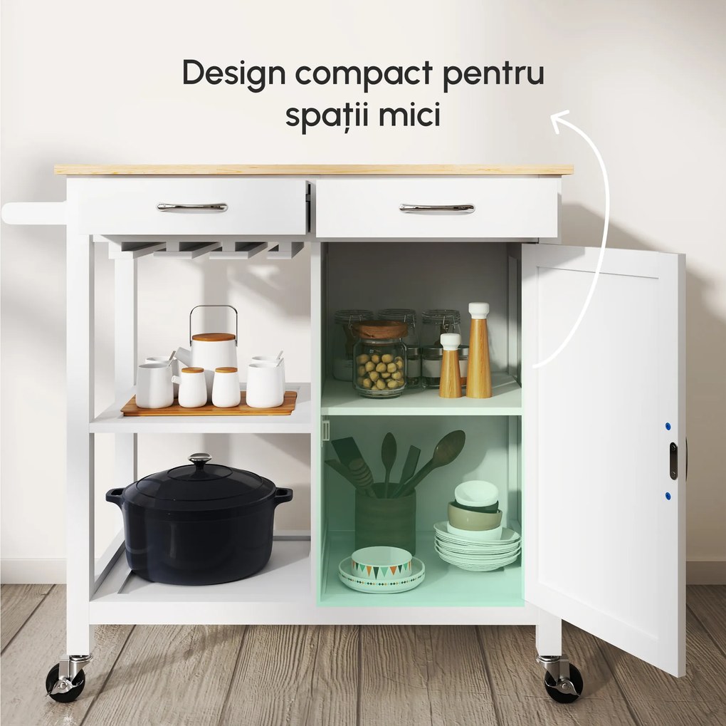Carucior de bucatarie HOMCOM, dulap cu 2 sertare si roti | Aosom Romania