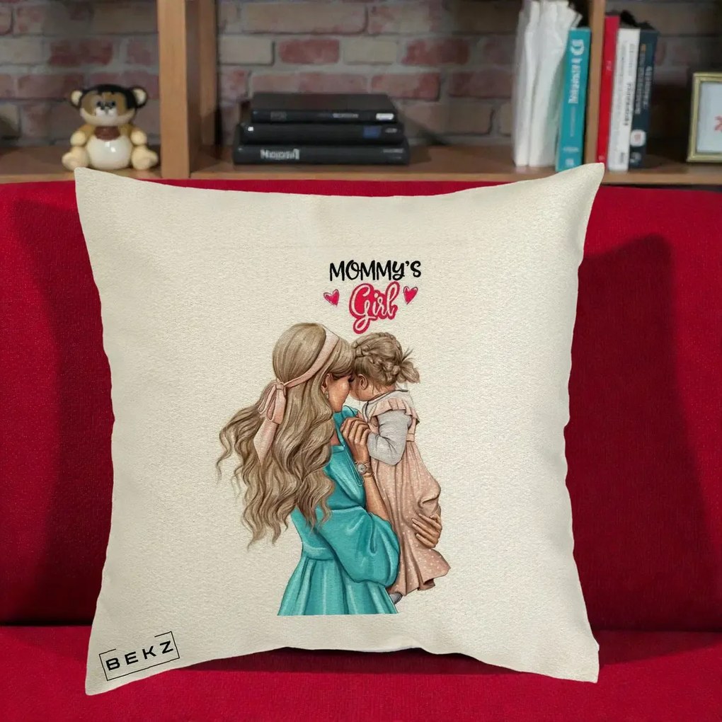 Cadou pentru Mama - Perna Personalizata Mommy's Girl Mama si Fetita, 40x40 cm, Ecru, Husa Detasabila, Perna Inclusa, BEKZ®